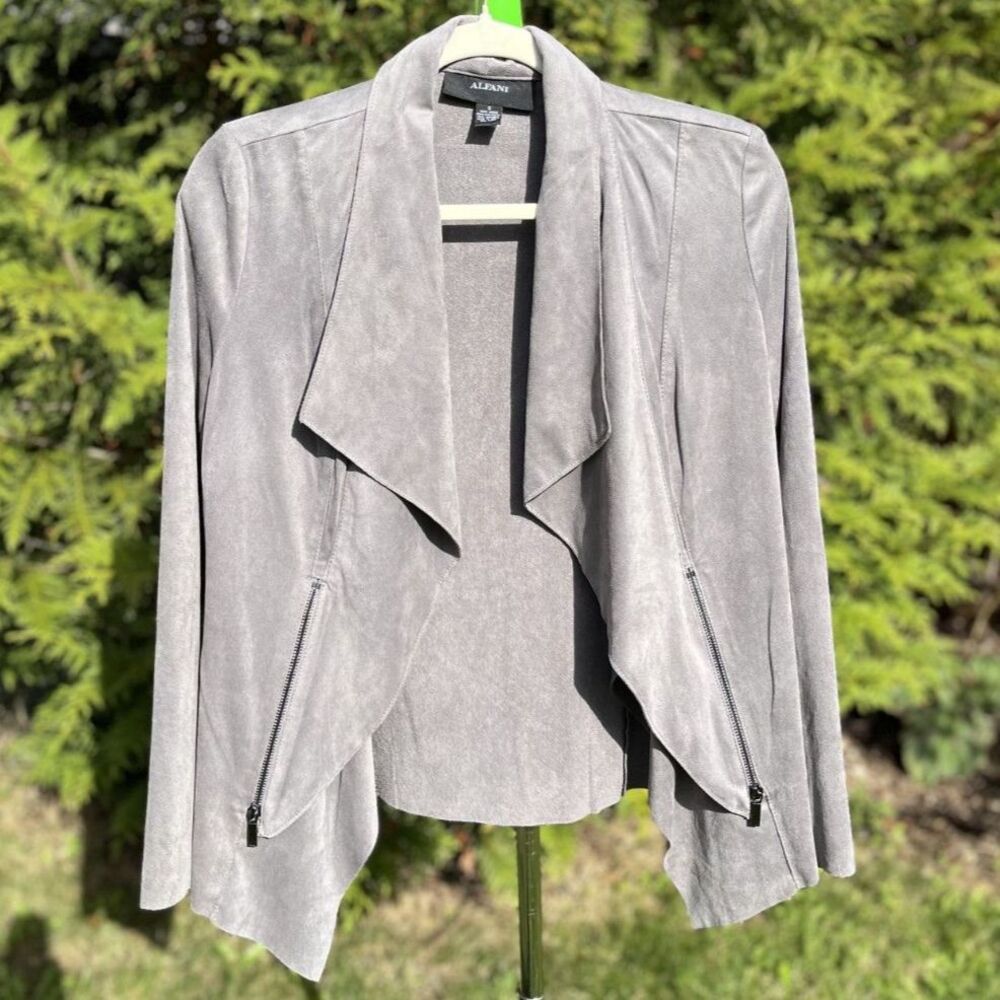 Alfani Gray Faux Suede Waterfall Open Front Drape Jacket Women's Small